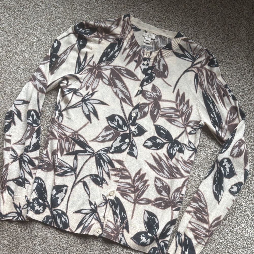 J. Crew Cream and Brown Leaf Pattern Cardigan